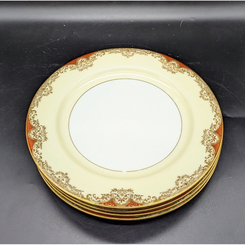 Vintage Set/4 Noritake Marietta Dinner Plate Hand Painted Gold Trim 10"